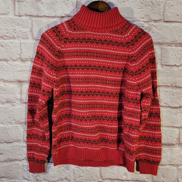Lands’ End Red Fair Isle Striped Turtleneck Cotton Pullover Sweater - Picture 7 of 11
